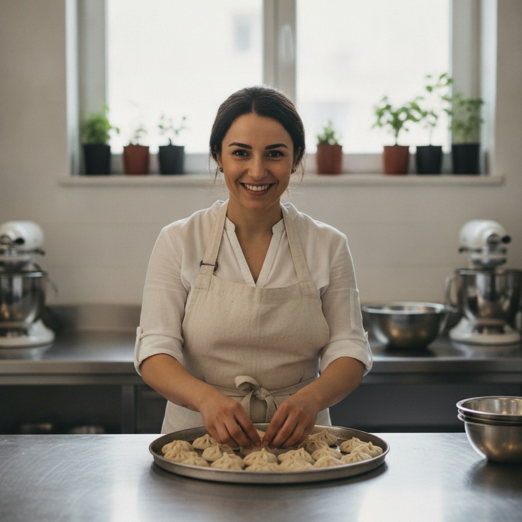 Gramaj Mutfağı kurucusu Elif Karadeniz atölyede mantı kapatırken